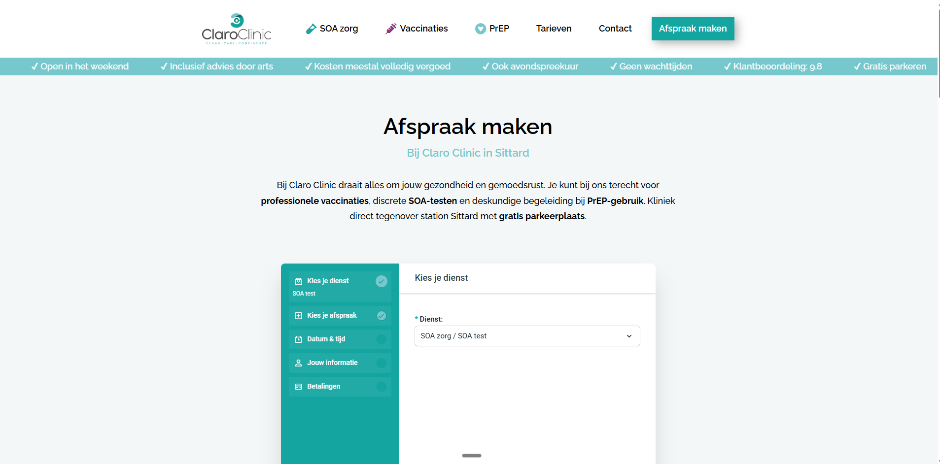 Tekstmuur boven de boekingswidget op de afsprakenpagina